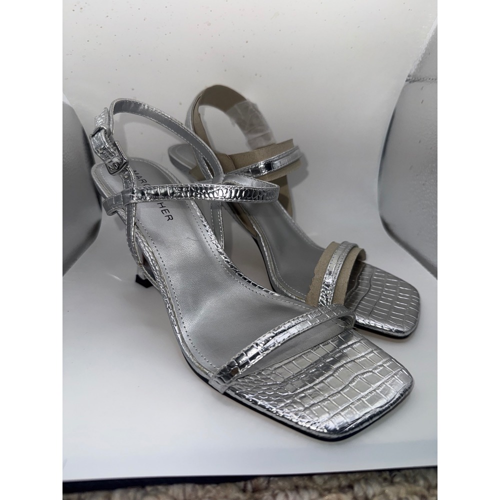 Marc Fisher Silver Metallic Croc Embossed Strappy Square Toe Kitten Heels 7.5M